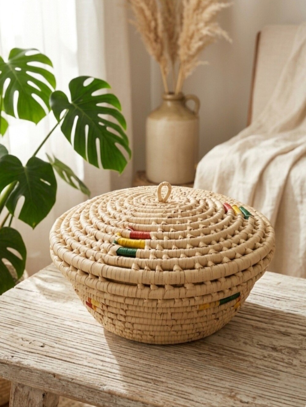 Handwoven Coiled Raffia Basket with Lid - 10" Boho Storage Decor Trinket Box